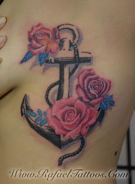 Tattoos - Graphic anchor with realistic roses - 109993